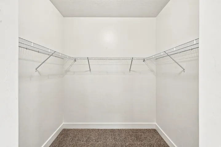 Walk-in closet featuring wire shelving, white walls, white baseboards, and carpet flooring