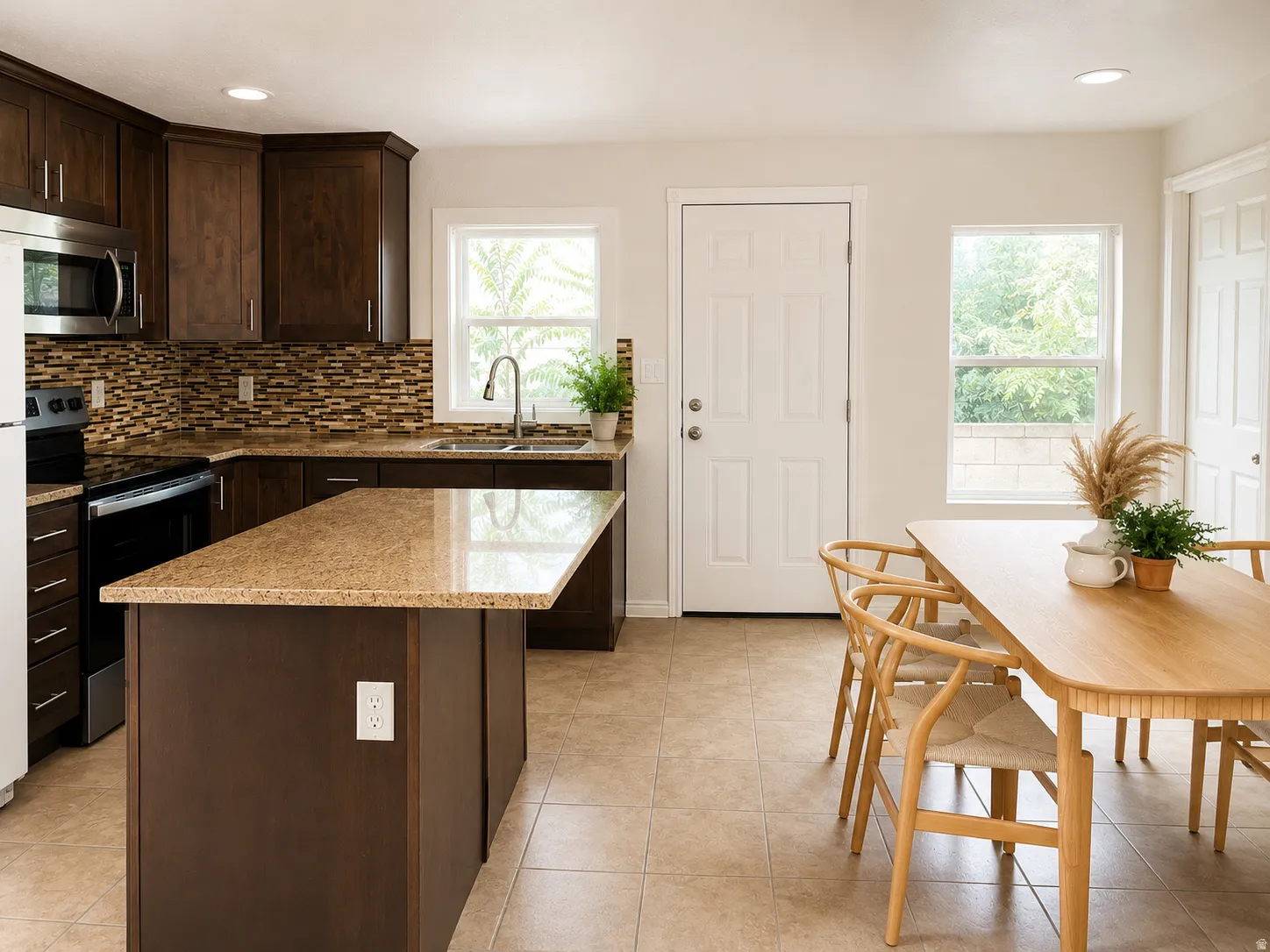 Kitchen featuring dark wood cabinetry, a mosaic tile backsplash, and granite countertops