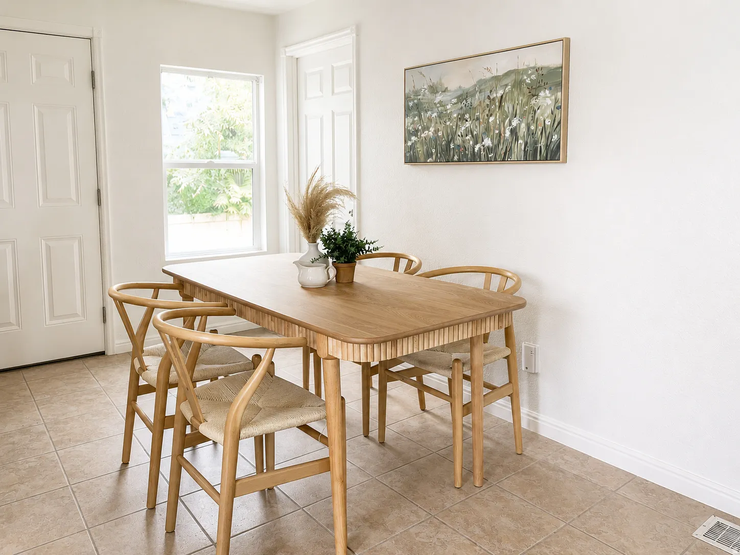 Dining area featuring light-toned tile flooring, white painted walls, and a large window providing outdoor light