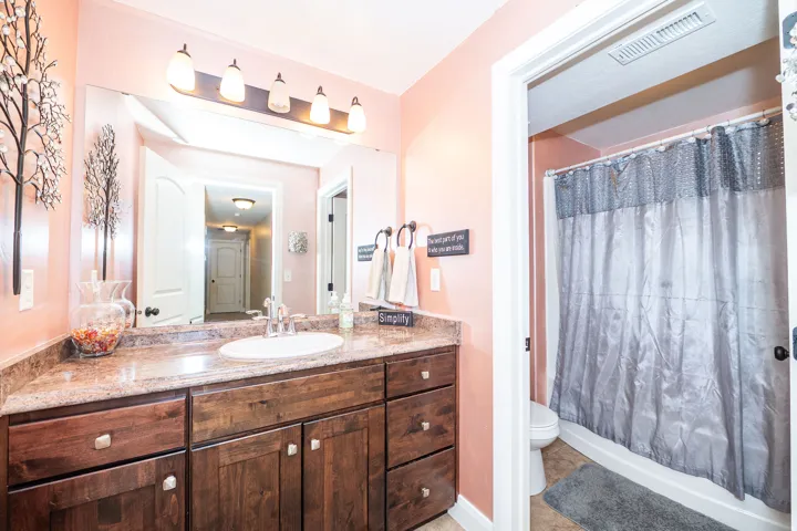 Bathroom featuring a dark wood-finish vanity with an integrated sink, a large mirror, and a five-light fixture