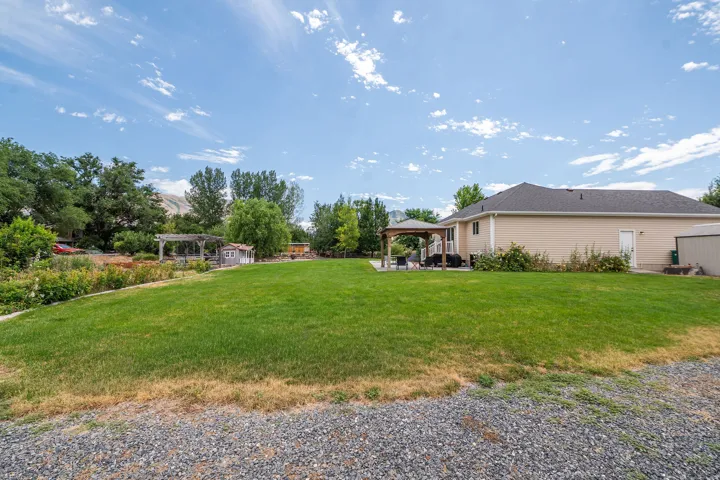 Expansive backyard featuring a large green lawn, mature trees, and landscaping