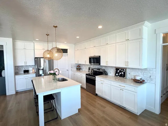 Bright kitchen featuring white shaker cabinetry, stainless steel appliances, and a central island with an integrated sink, custom tiled backsplash.