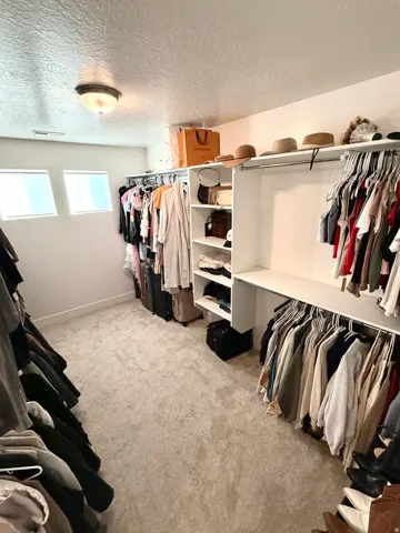 Spacious closet featuring built-in shelving, hanging rods, recessed lighting, and carpet flooring
