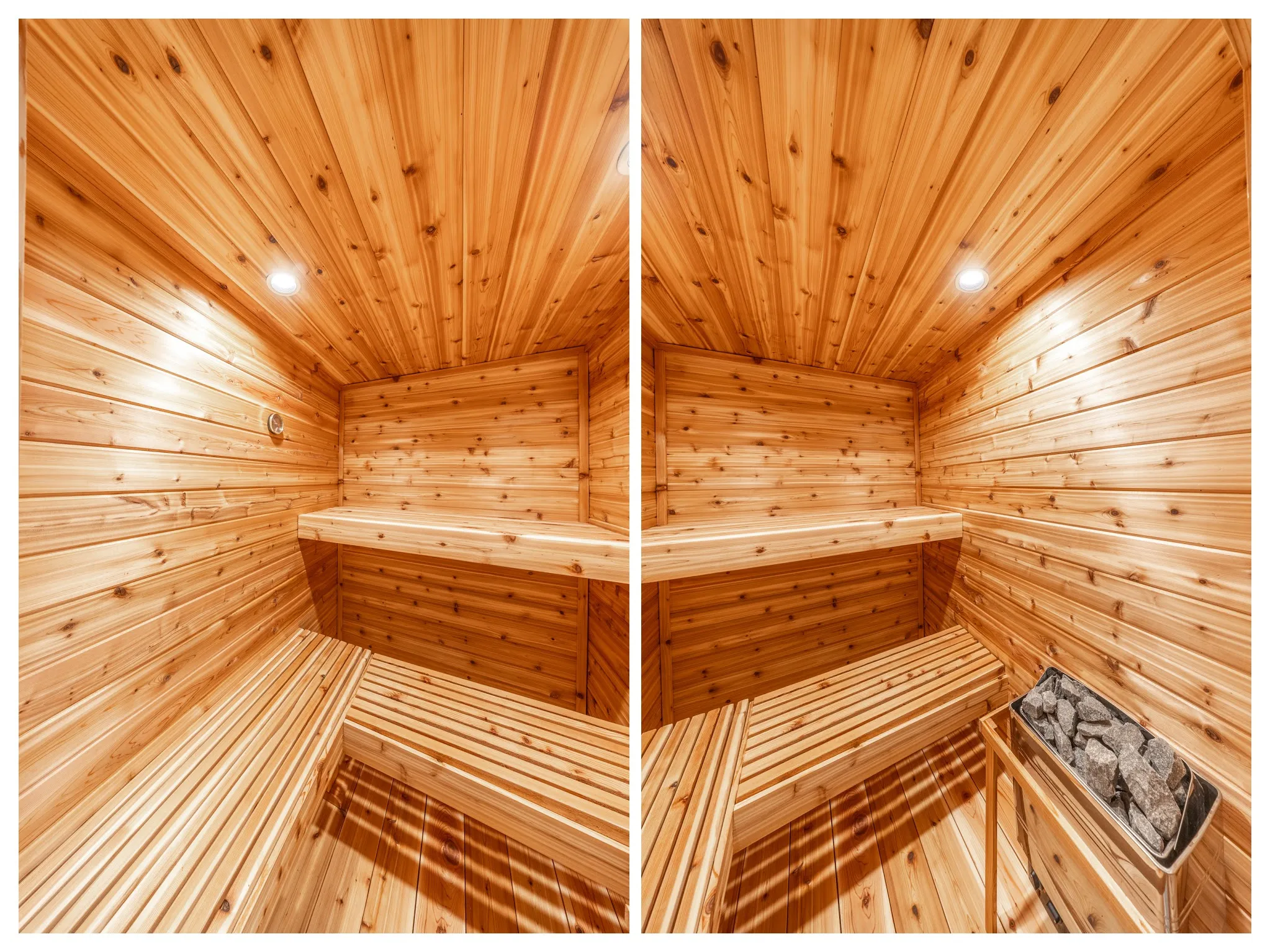 Dedicated sauna featuring wood-paneled walls and ceiling, multi-level slatted wood benches, and an integrated sauna heater with stones.