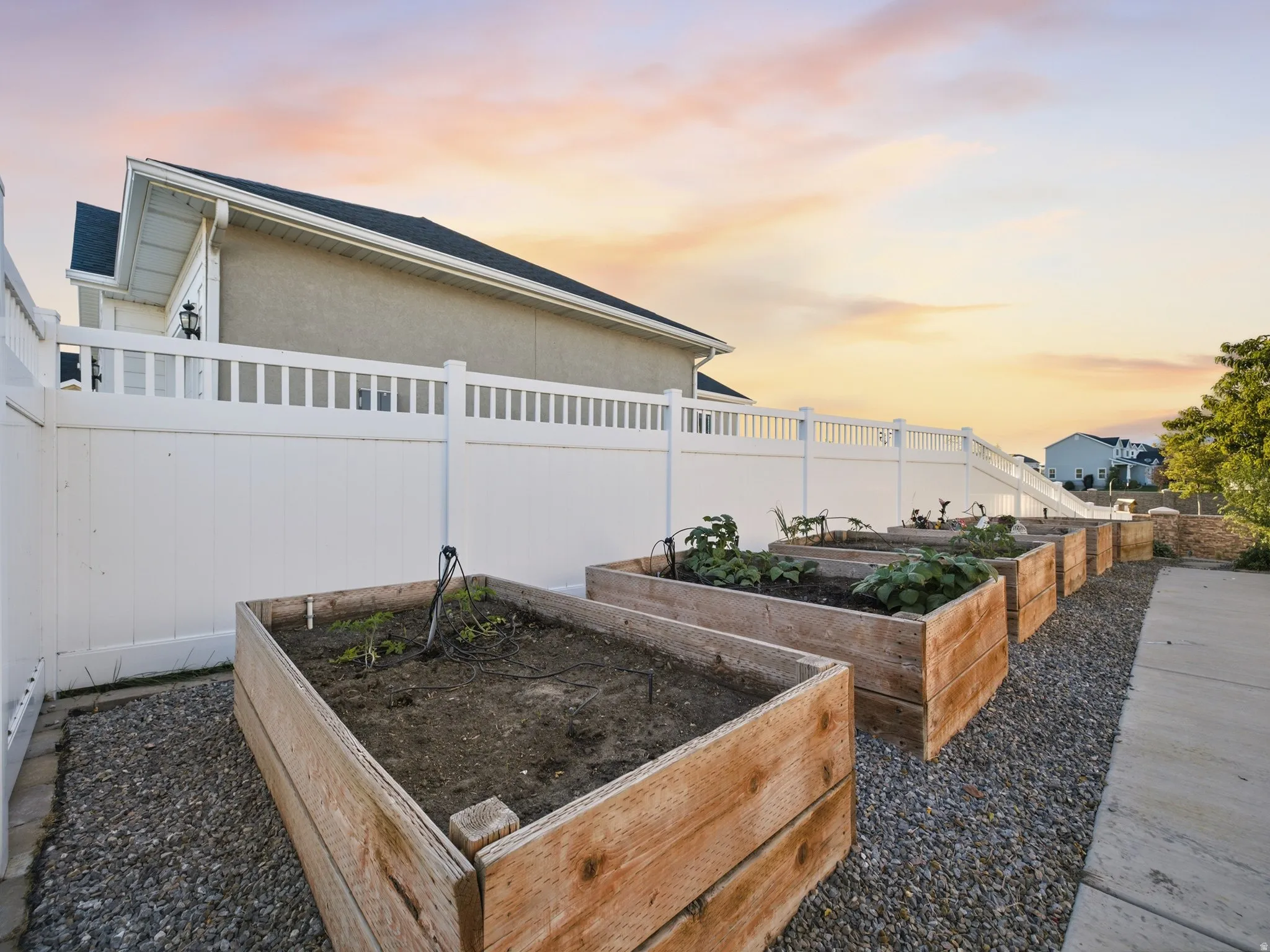 Multiple raised garden beds featuring wood construction and integrated irrigation