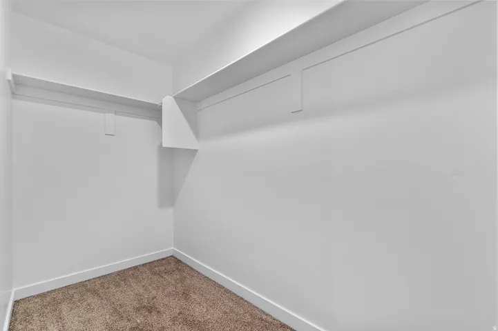 Dedicated storage space featuring a single shelf, hanging rod, neutral carpeting, and white baseboards
