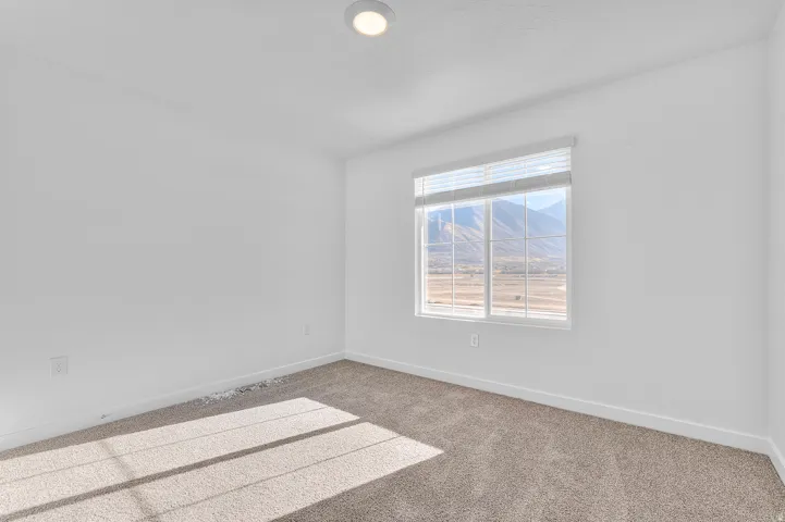 Spacious room featuring neutral carpet flooring and white painted walls