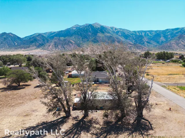 Expansive rural property featuring a mountain backdrop, mature trees, and an asphalt road bordering the property