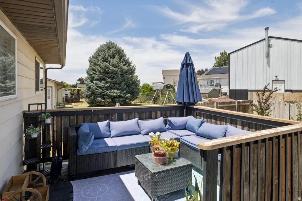 Outdoor deck with wood railings