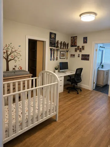 Spacious room featuring wood-finish flooring, a built-in closet with sliding doors, and a ceiling-mounted light fixture