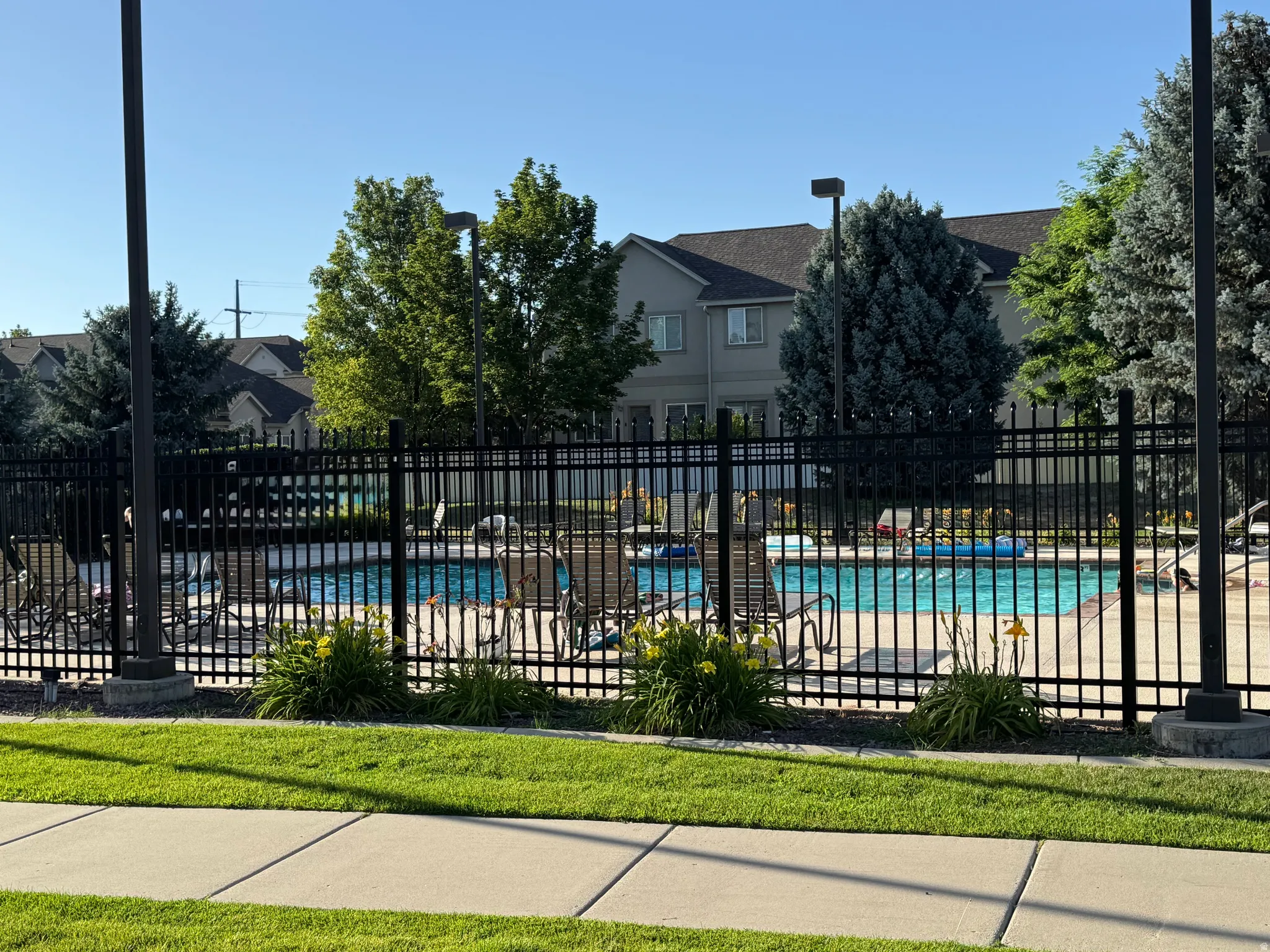 Community swimming pool with surrounding black metal fencing.