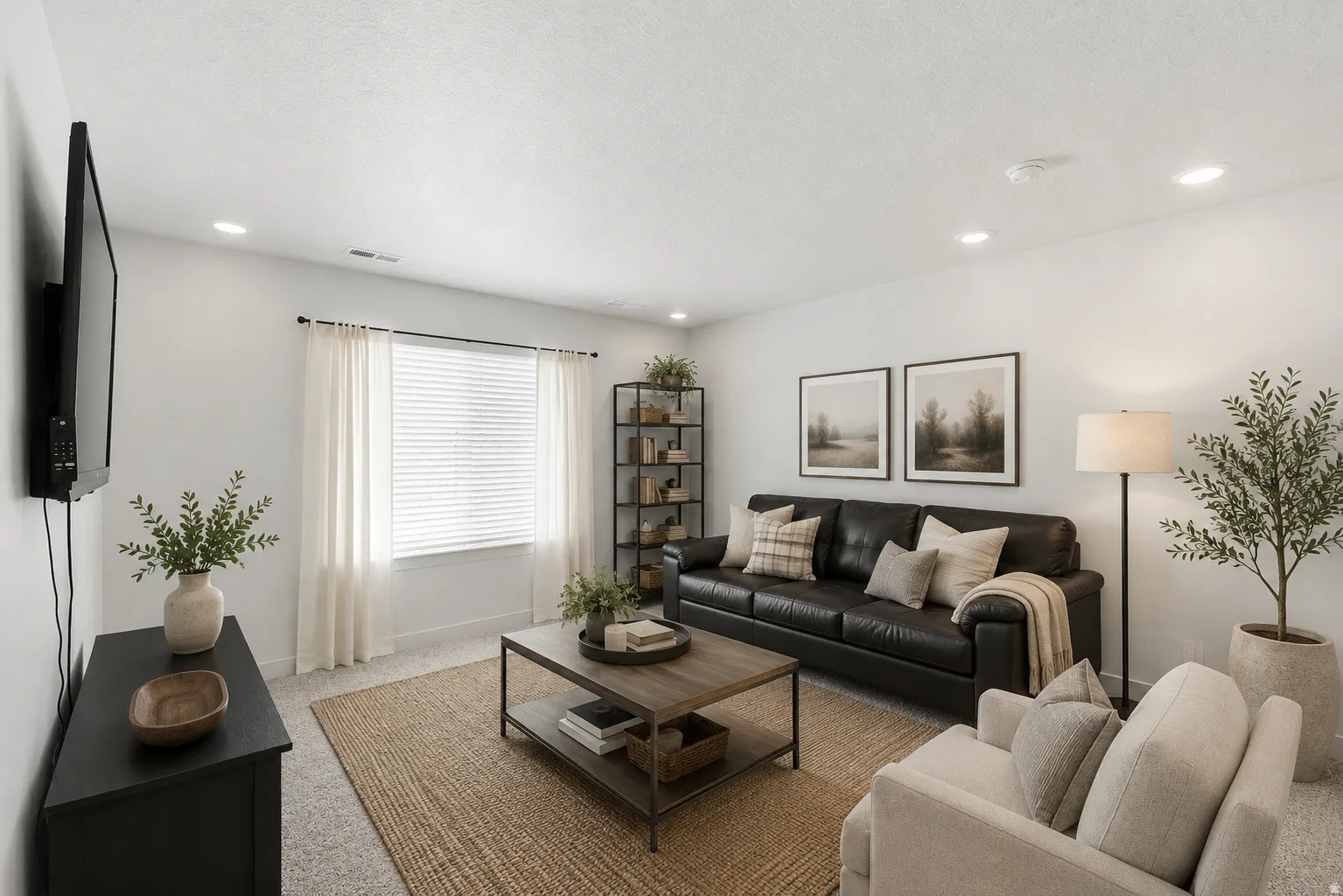 Recessed lighting illuminates this living area featuring a large window with blinds and sheer curtains, textured carpeting, and light gray wall finishes