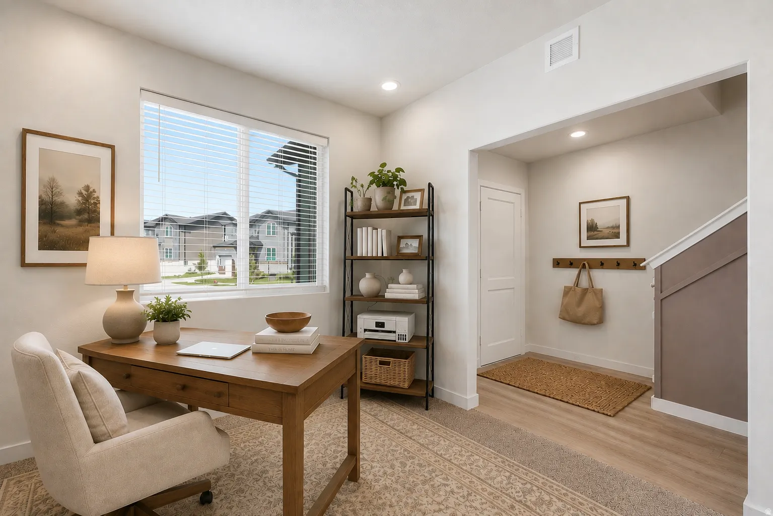 Dedicated space with a large window, recessed lighting, and a shelving unit