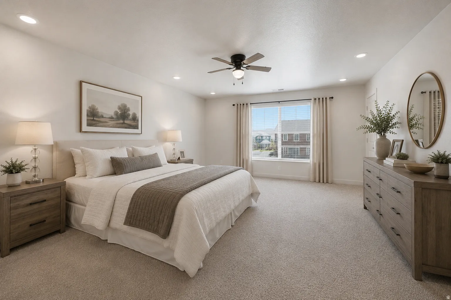 Spacious bedroom with light-toned carpeting and a ceiling fan