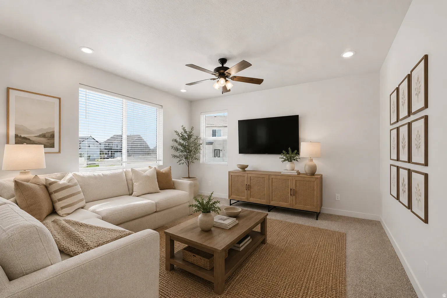 Spacious living area featuring large windows with horizontal blinds, recessed lighting, and a ceiling fan