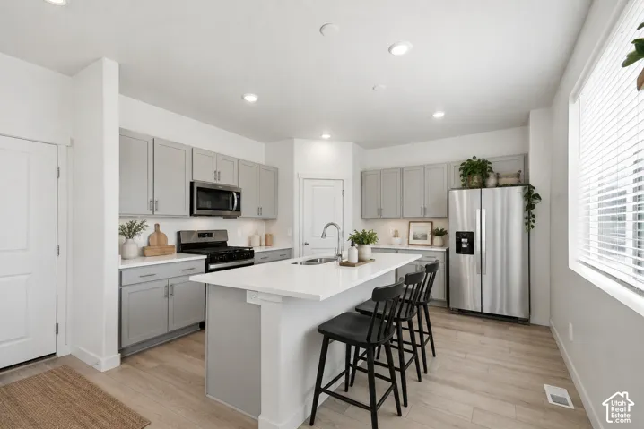 Modern kitchen featuring light gray cabinetry, stainless steel appliances, a center island with sink, and wood-finish flooring