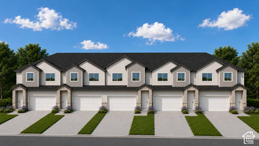 Modern townhome exteriors featuring light stucco, dark siding, and stone accents