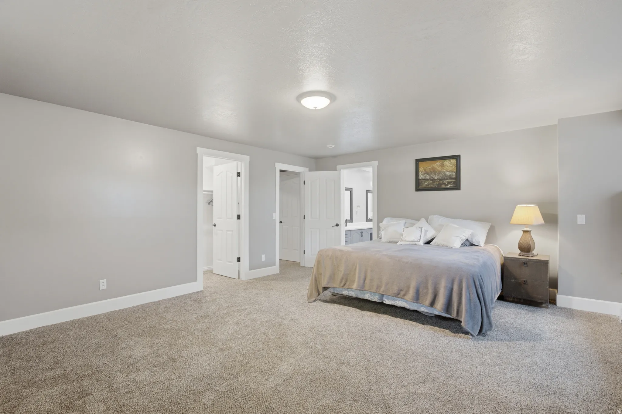 Spacious bedroom featuring plush carpeting, light gray walls, white trim, a flush mount ceiling light, and an entry to an adjacent bathroom with a double vanity