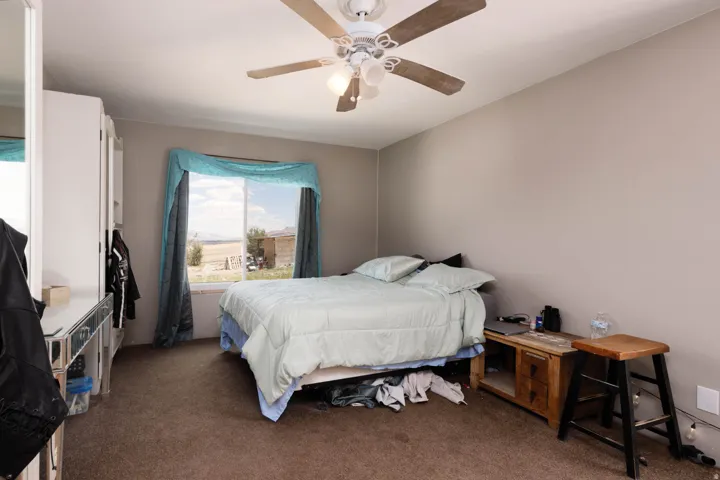 Neutral-toned walls complement the brown carpeted flooring