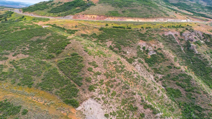 Expansive sloped terrain featuring natural vegetation and a distant paved road