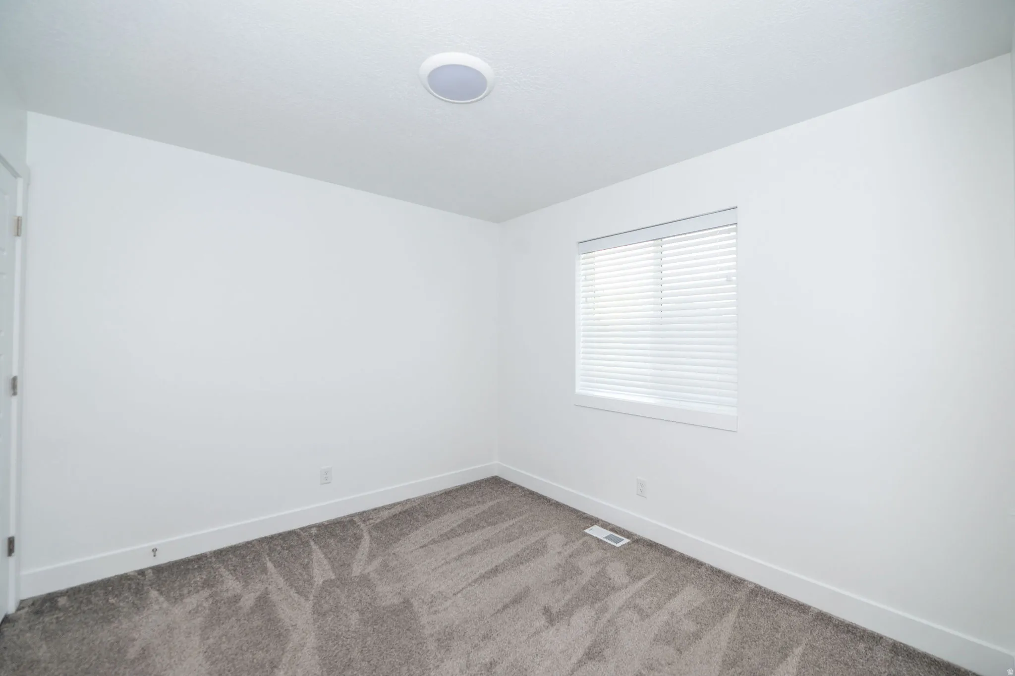Carpeted room featuring a single window with blinds, white walls, white trim, and a ceiling-mounted light fixture