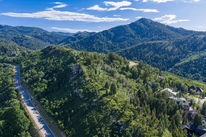 Mountainous landscape featuring extensive tree coverage, winding roads, and residential structures integrated into the terrain