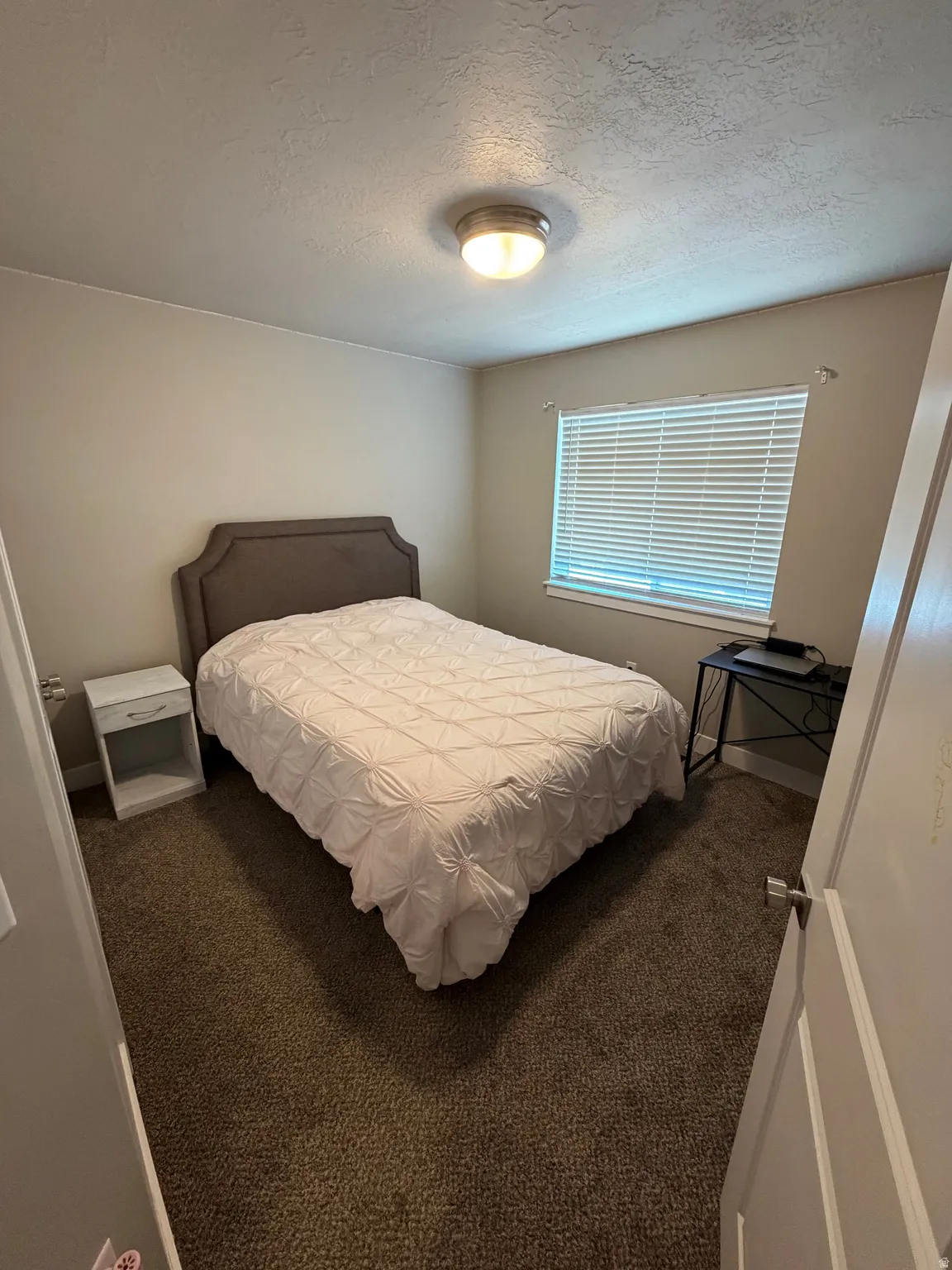 Bedroom featuring neutral wall paint, textured ceiling, brown carpet flooring, and a single window with blinds