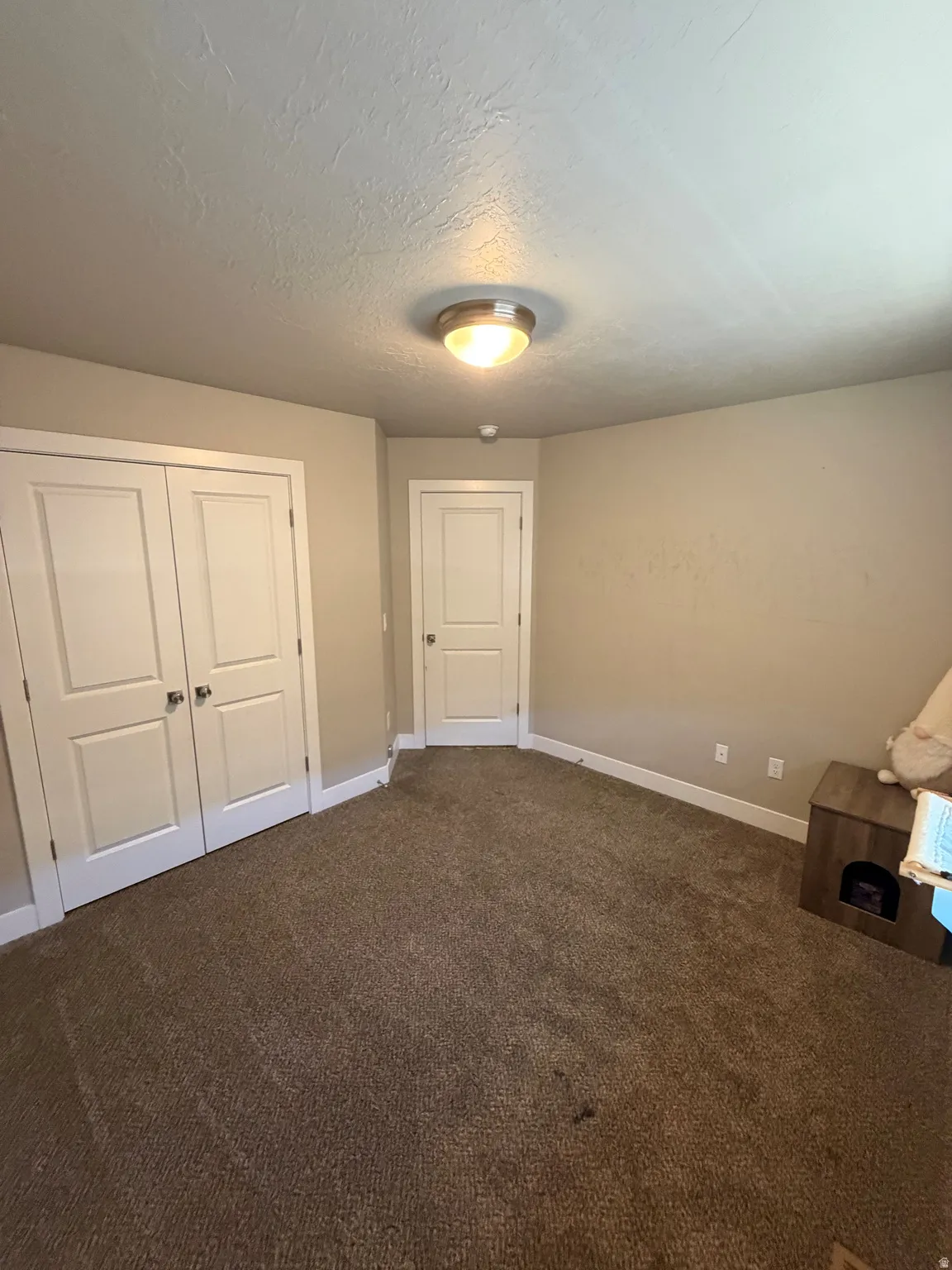 Carpeted room featuring neutral-toned walls, white trim, and a flush mount ceiling light fixture