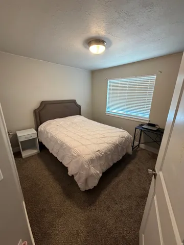 Bedroom featuring neutral wall paint, textured ceiling, brown carpet flooring, and a single window with blinds