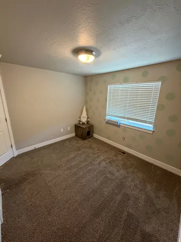 Carpeted room featuring a window with horizontal blinds, a flush-mount ceiling light fixture, and white baseboards