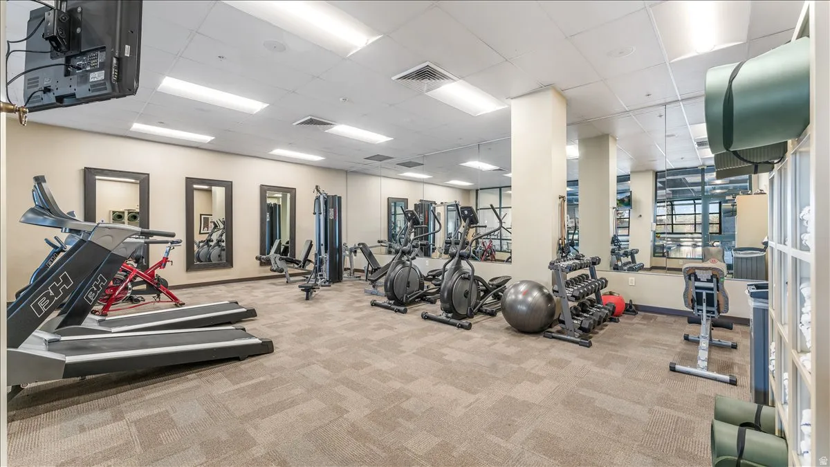 Well-equipped fitness center featuring patterned carpet flooring, mirrored walls, ample overhead lighting, and various exercise machines