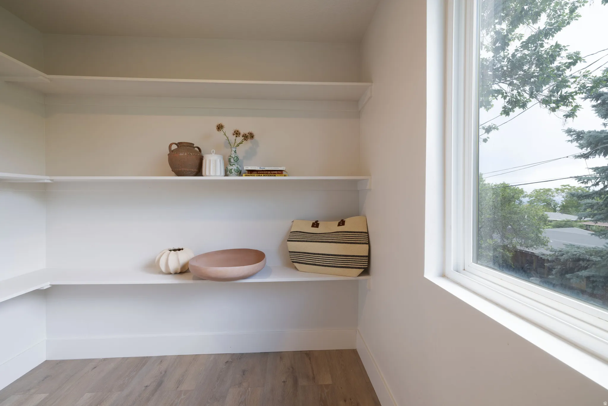 Built-in shelving with white finishes, wood-finish flooring, and a large window