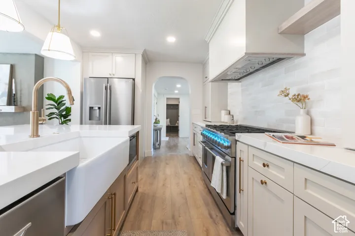 Well-appointed kitchen featuring a farmhouse sink, stainless steel appliances, wood-finish flooring, white cabinetry, and a tile backsplash