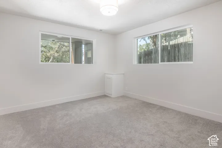 Light gray carpet, white walls, built-in cabinet, and two windows