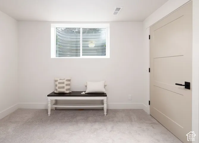 Neutral-toned interior with light gray carpet flooring and white walls