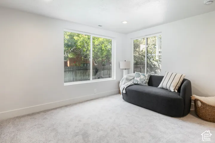 Recessed lighting, light-colored carpeting, and large windows with white trim