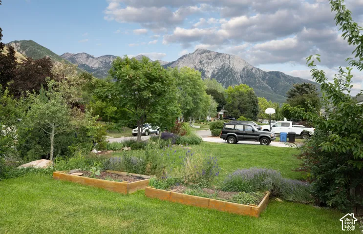 Manicured lawn with two raised garden beds, surrounded by mature trees and mountain scenery