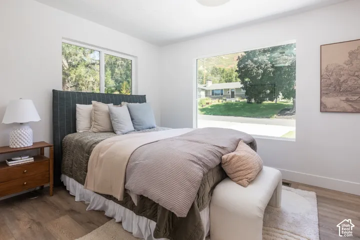 Wood-finish flooring with white walls