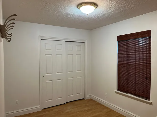 Room with light wood-finish flooring, white walls, and white baseboards