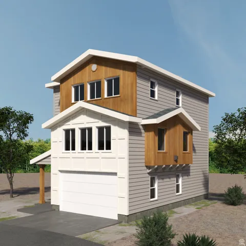 Modern facade featuring a mix of horizontal siding and wood-finish paneling