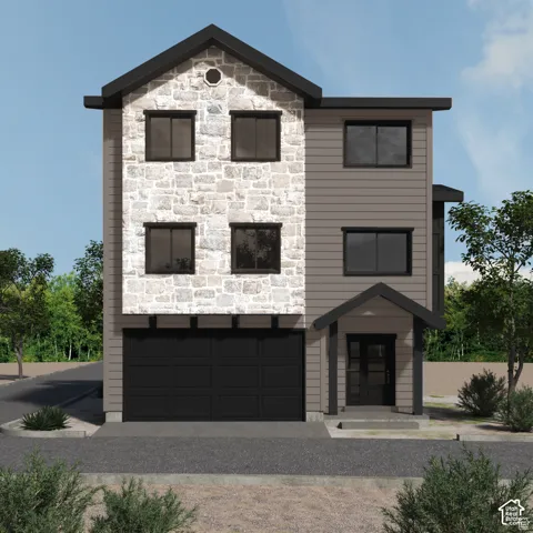 Rendering of possible exterior finishes, with stone upgrade.