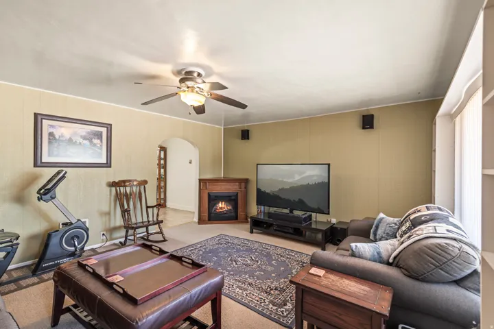 Living space featuring a corner fireplace with a wood-finish mantel, carpet flooring, and an arched doorway