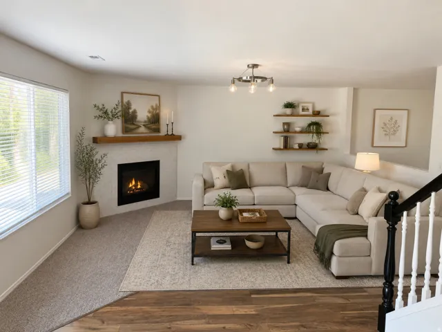 Living area featuring a corner fireplace with a wood mantle, large windows with blinds, and built-in wood shelving