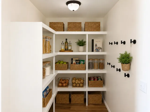 Walk-in pantry featuring extensive built-in shelving, recessed lighting, wood-finish flooring, and wall-mounted hooks