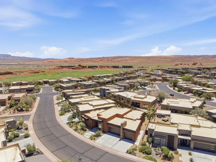 Aerial perspective showcasing a residential community with contemporary architecture