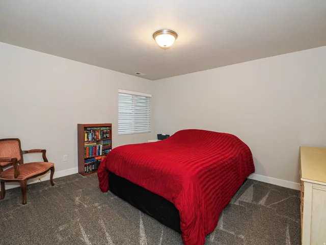 Neutral wall paint, ceiling-mounted light fixture, window with blinds, and carpeting