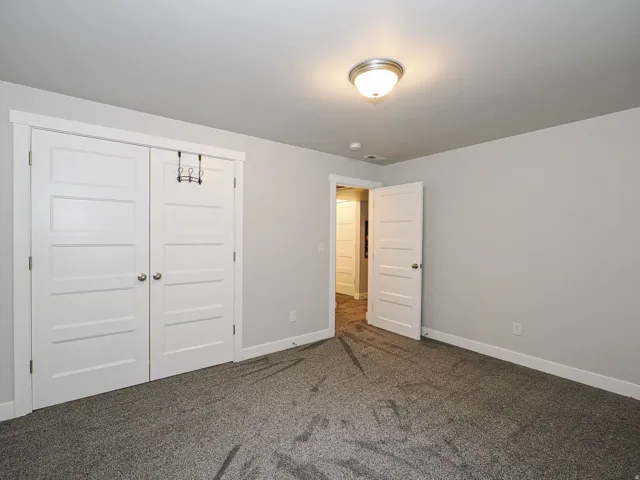 Plush carpeting, paneled doors, ceiling-mounted light fixture, and wide baseboards