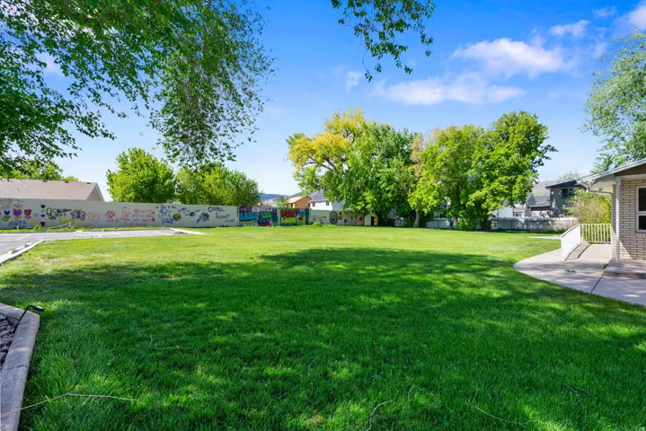 Expansive green lawn with mature trees and a concrete patio