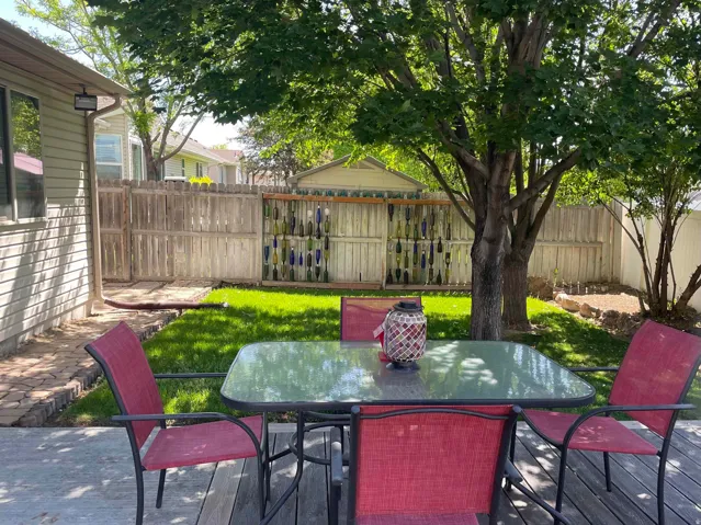 Private backyard featuring a wood deck, fenced perimeter, mature tree, and lawn area