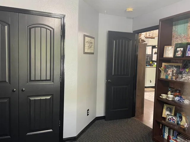Black paneled doors with contrasting trim, textured carpet flooring, and white painted walls